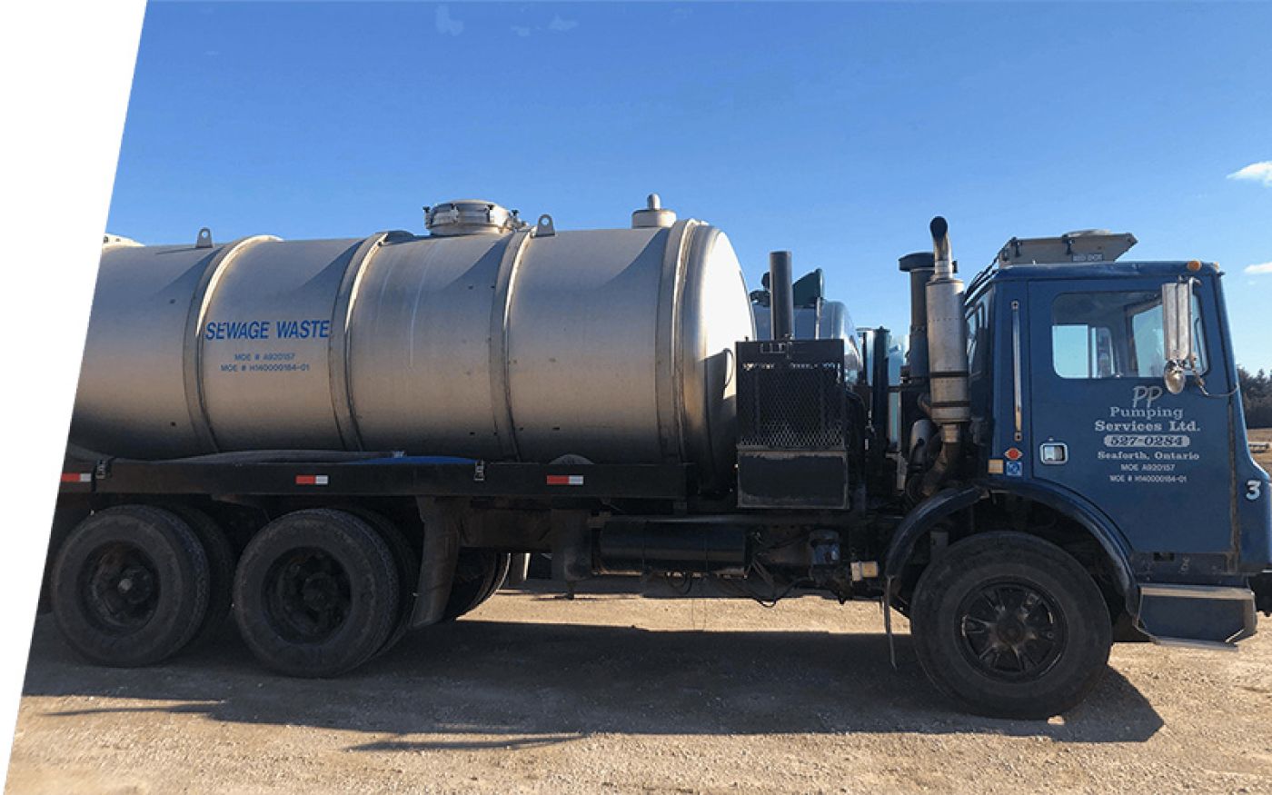 PP Pumping Ltd. Truck in blue with blue skies in the background