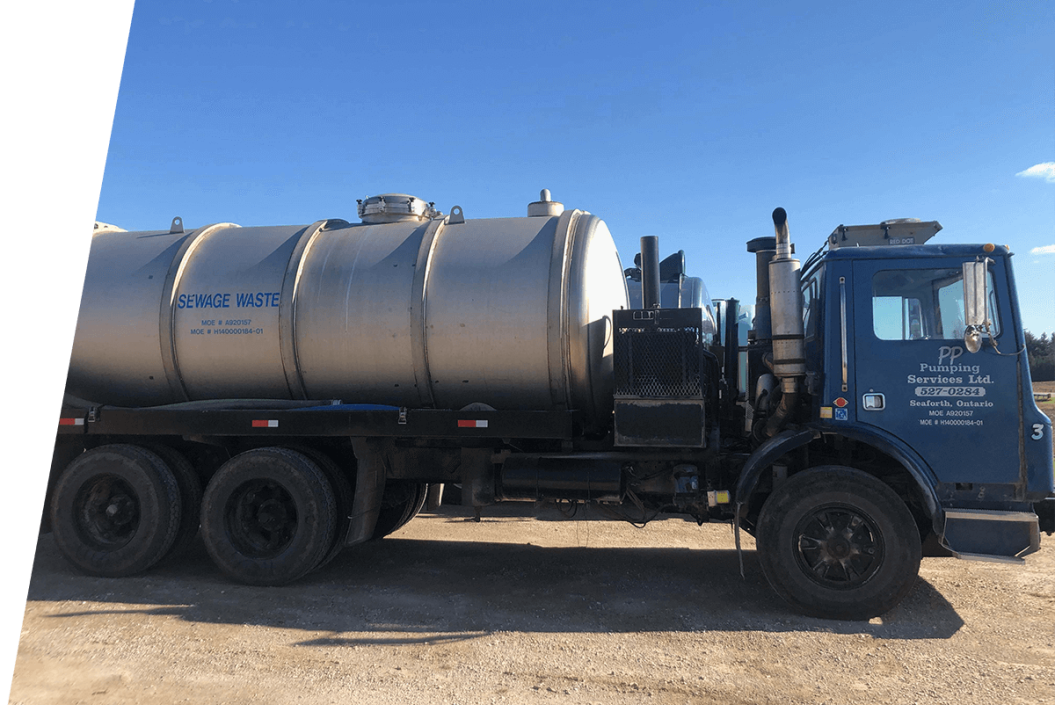 PP Pumping Ltd. Truck in blue with blue skies in the background
